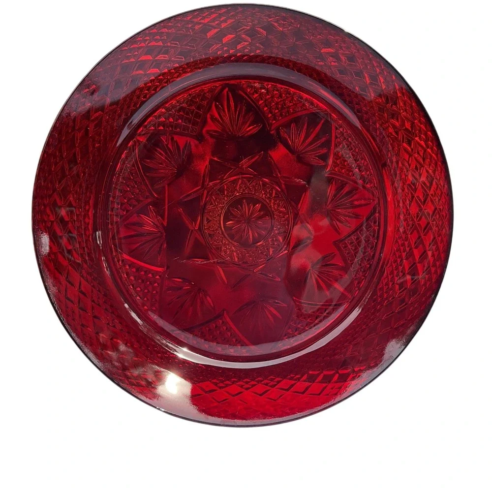Cristal D'Arques-Durand Set of 2 Ruby Red Glass Plate Diamond & Star Pattern OS